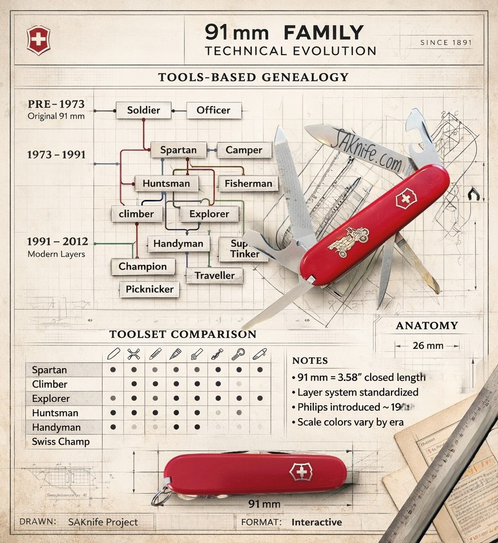 Interactive Victorinox Swiss Army Knife Identification Tree chart — identify Swiss Army Knife by tools and layer count.